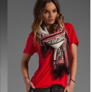 Alice Temperley  Nijinsky Wool Scarf Red Black Fringe Boho Floral Paisley Sarong